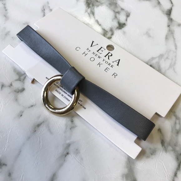 Grey Gold Hoop Medallion Leather Choker Necklace - Picture 4 of 7